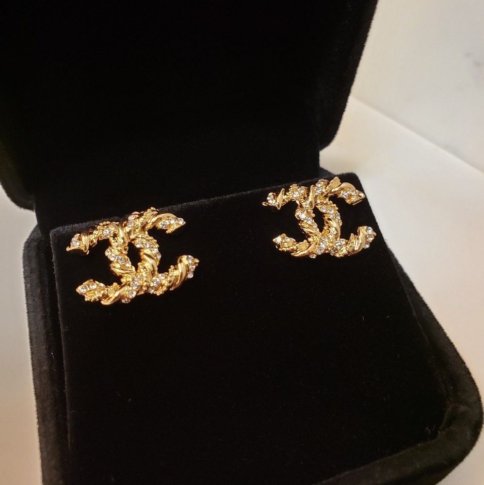 Vtg Coco Chanel gold twist crystal iconic earrings